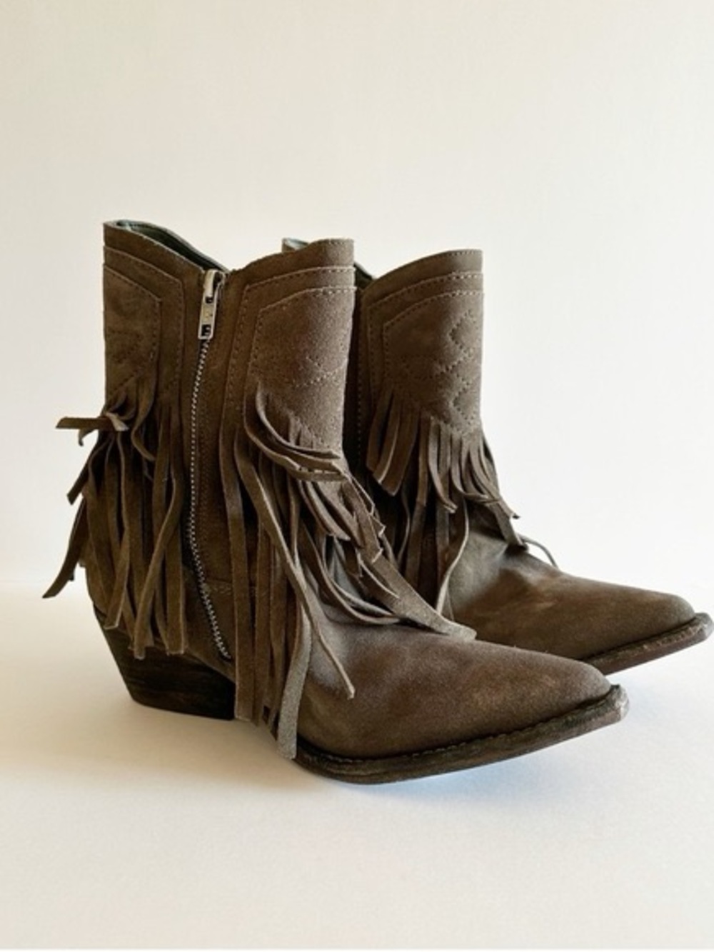 Free People Brown Suede Fringe Ankle Booties taupe color